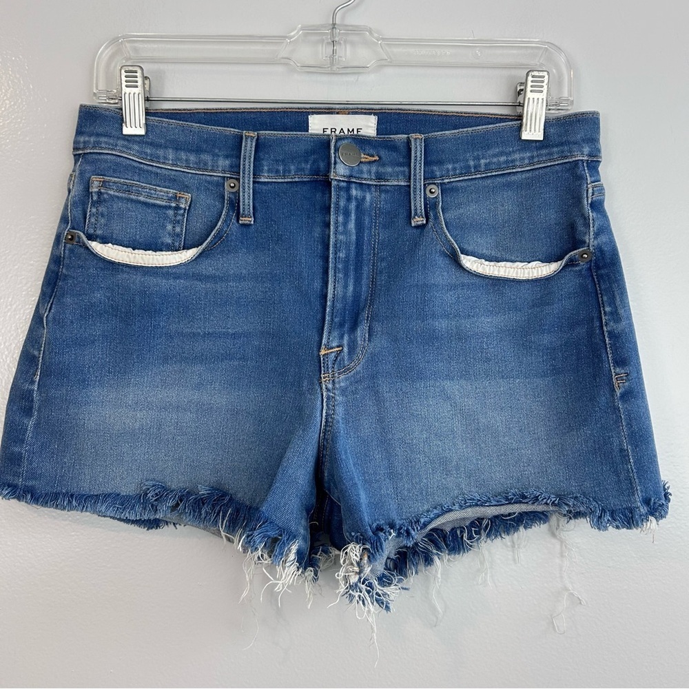Frame Le Brigette Blue Denim Cut Off Raw Hem Jean Shorts Size 27